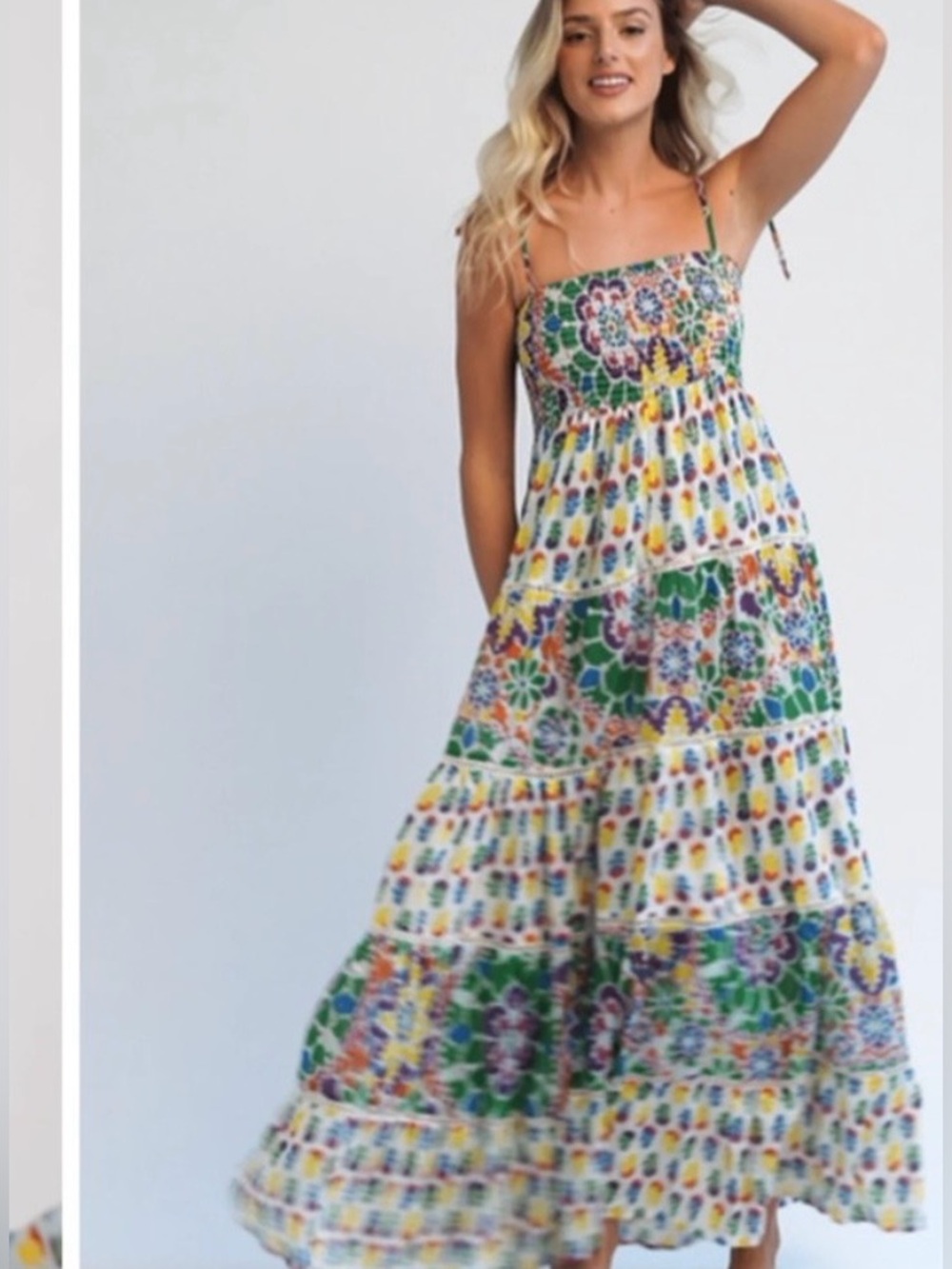 Guadalupe Designs Agata Flow Dress Multicolor Floral Smocked Cotton Maxi Dress S